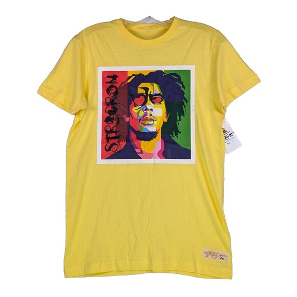 Bob Marley 420 Rasta Str8cronca Graphic T-Shirt Yellow Mens Size Small FLAWS - Picture 1 of 12